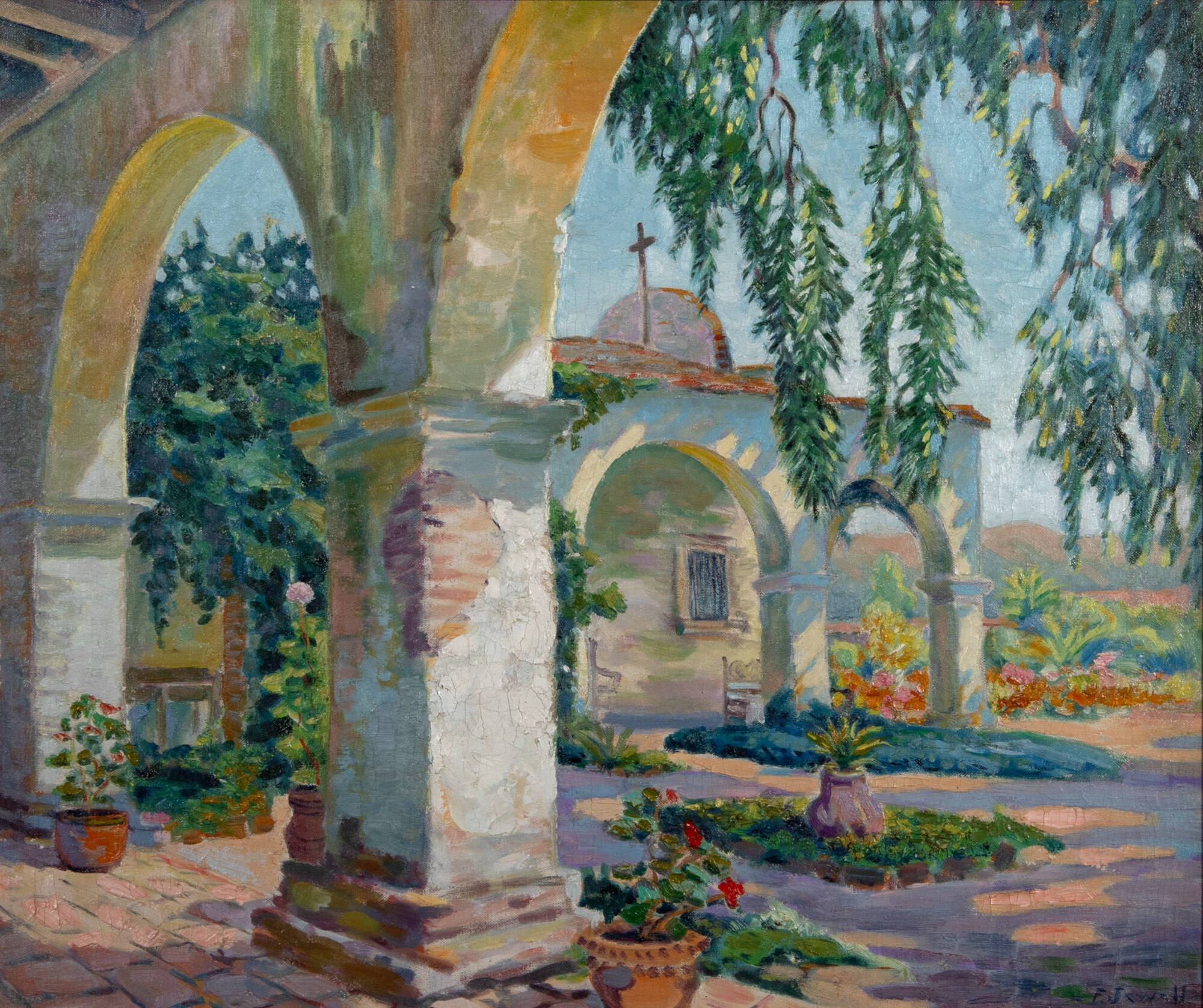 Colorful painting of buildings with white arches, trees and landscaping.